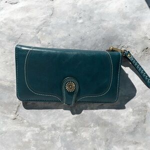 Teal Leather Wristlet Wallet with Floral Snap